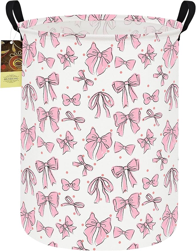 HUNRUNG Laundry Hamper,Large Canvas Fabric Lightweight Storage Basket Toy Organizer Dirty Clothes Collapsible Waterproof for College Dorms（Round-Pink Bow）