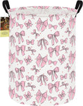 HUNRUNG Laundry Hamper,Large Canvas Fabric Lightweight Storage Basket Toy Organizer Dirty Clothes Collapsible Waterproof for College Dorms（Round-Pink Bow）