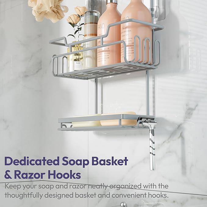 SWTYMIKI Bathroom Shower Caddy Hanging - 3 Tier Rustproof Over Shower Head Organizer, No Drilling Bathroom Shelf with 16 Hooks & Soap Holder, Anti-Swing Rack for Shampoo,Sponge,Towel, Silver, Medium