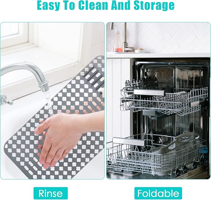 Kitchen Mat, Protectors for Sink 25"x13" Non-Slip Folding Grates for Bottom of Farmhouse Stainless Steel Porcelain Sink, DIY Silicone Can Be Cut to Any Size Grey-1 PCS