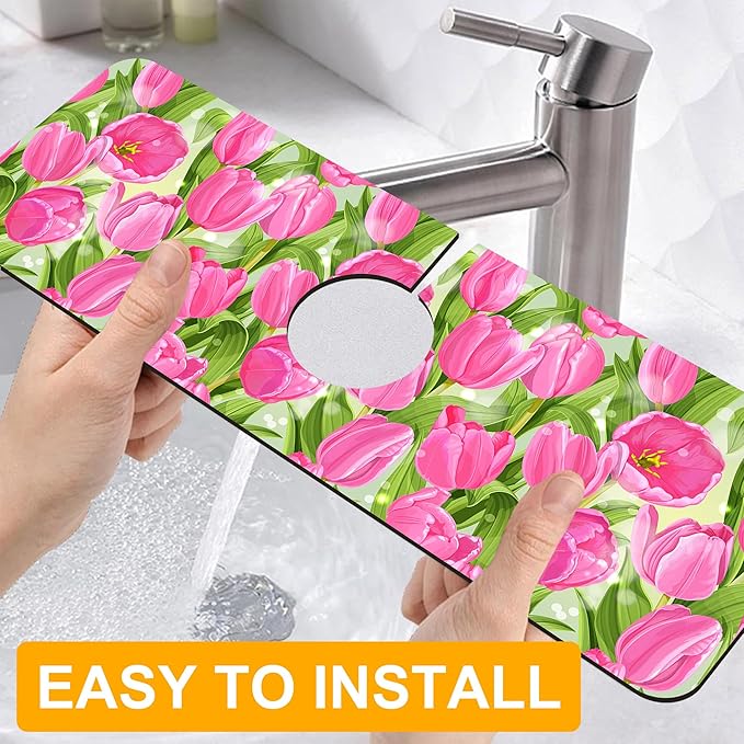 2 Pack Watercolor Tulips Sink Faucet Absorbing Mat Pink Tulips Super Absorbent Fast Drying Mat Sink Gadgets Behind Faucet Sinkmat for Kitchen Bathroom, 15.5"x5.5"