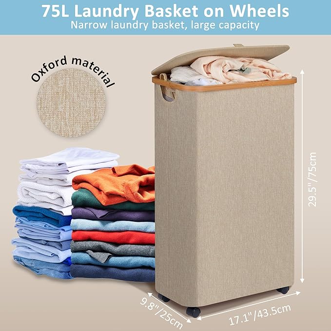 efluky Laundry Basket with Wheels, Tall Rolling Laundry Hamper with Lid and Removable Bag, Aesthetic Dirty Clothes Hamper on Wheels for Laundry Room, Bedroom, Dorm and Bathroom, 75L Oatmeal