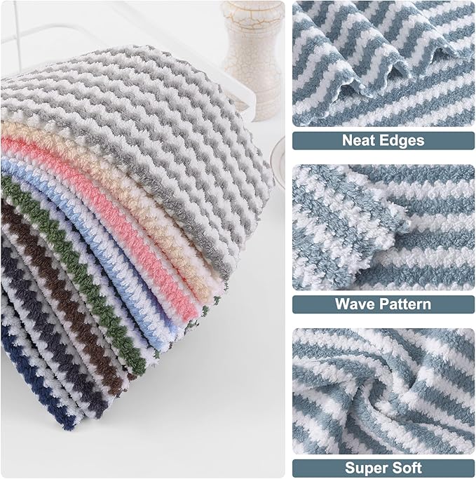 Homaxy 12 Pack Kitchen Dish Cloths, Ultra Soft and Absorbent Dish Towels, Reusable Fast Drying Microfiber Cleaning Cloth, Coral Velvet Wave Design No-lint, 10 x 10 inches, Dusty Blue