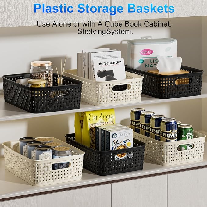 White Plastic Basket, 8 Pack Home Organization and Storage Baskets with Handles, Space Saving Woven Organizer Bins Plastic Storage Basket for Organizing Cabinets,Closets, Shelves, Countertops