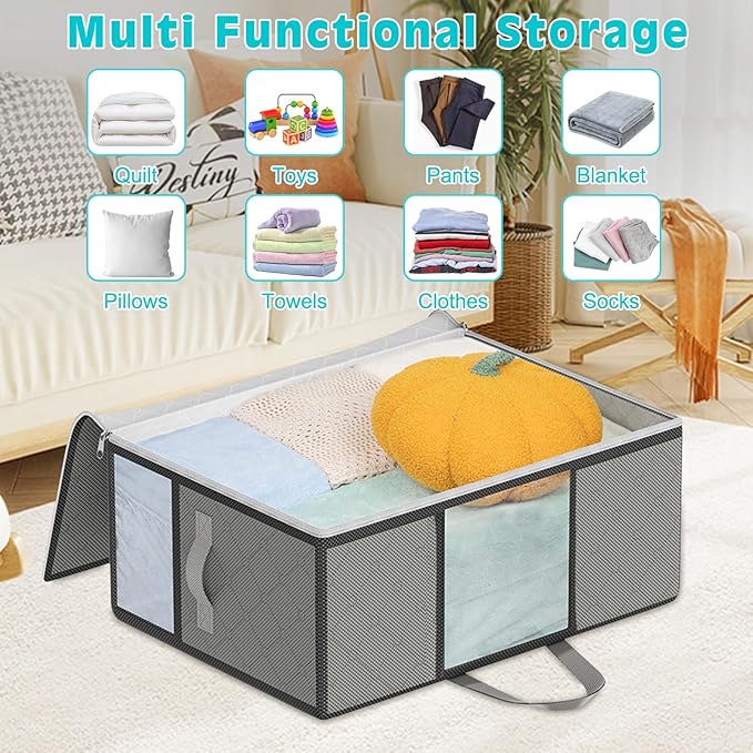 8Pack 105L Extra Large Blanket Comforter Storage Bags, Foldable Storage Bags for King Comforter Bedding Pillow Sheet Clothes with Handles Zippers Clear Window Closet Organizers and Storages, Grey