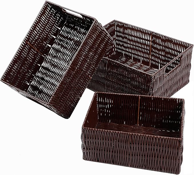 Elevon Plastic Wicker Basket Set of 3, Handmade Storage Basket for Organizing with Handles, Storage Bins for Home Kitchen Countertop, Shelf Organizer, Waterproof, Coffee