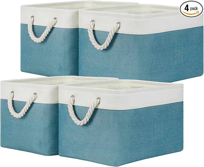 Temary Fabric Storage Baskets 4Pack Storage Bins Decorative Basket for Gift, Clothes Bin with Rope Handle, Rectangle Baskets for Storage, Blankets(White&Teal,15x11x9.5 inch)