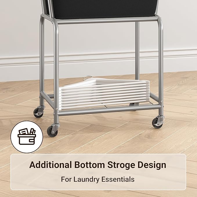 ELYKEN Laundry Cart with Wheels, Rolling Laundry Hamper with Removable Bag and Shelf, Metal Frame Laundry Basket with 4 Casters and 2 Brakes, Ideal for Bedroom, Bathroom, Laundry Room, Black