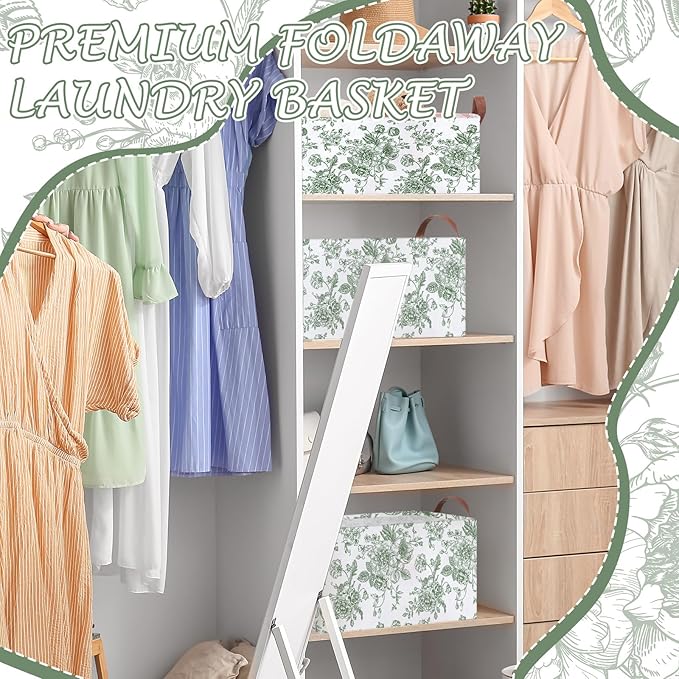 Boao 3 Pcs Sage Green Floral Storage Bin Collapsible Large Storage Baskets for Gifts Canvas Laundry Basket Foldable Box with Handle for Office Home Bedroom Clothes