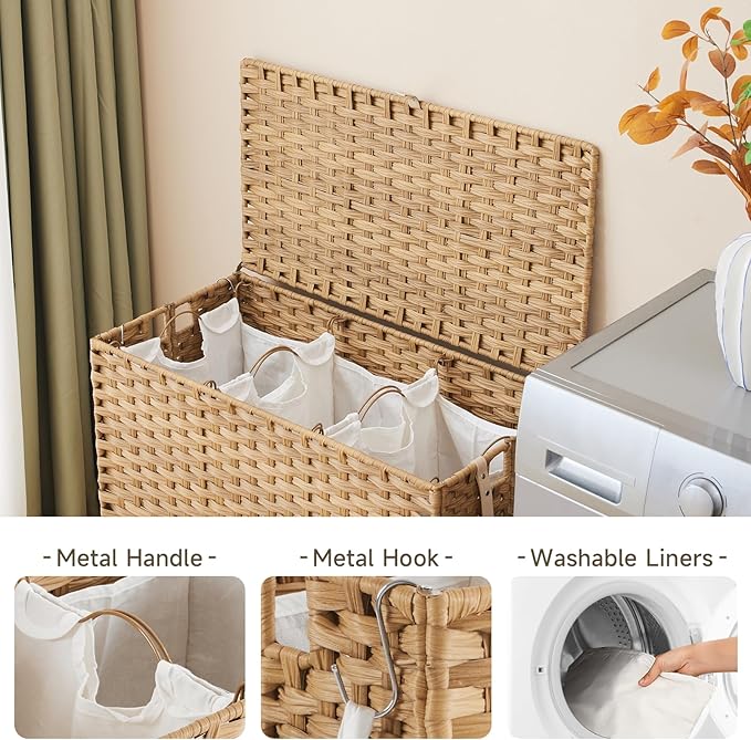 Laundry Hamper with Wheels, 34.3 Gallon(130L) Rolling Laundry Basket with Lid, 3-Section Rattan Clothes Hamper with 3 Removable Liner & 3 Mesh Bags, Laundry Sorter with Side Pocket, Natural