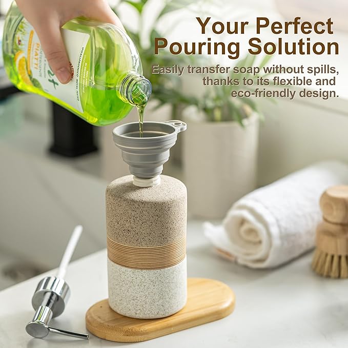 Ceramic Dish Soap Dispenser Set with Silicone Funnel, Hand Soap, Shampoo, Body Wash, Liquid Soap Dispenser for Kitchen and Bathroom, Stainless Steel Pump, Non Slip, 12 Oz