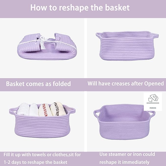 Woven Cotton Rope Storage Basket with Handles for Organizing Shelves Closet Small Cat Dog Pet Toy Baskets Box Bin Decorative Rectangle Baby Nursery basket Gift basket Empty(light purple)
