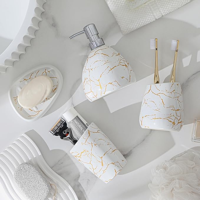 MALACASA Bathroom Accessories Sets 4 Pcs, Cream Soap Dispenser and Farmhouse Toothbrush Holder, Soap Dish with Storage Cup, Durable Ceramic Bathroom Decor for Morden Apartment, White Gold