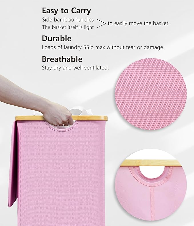 SUOCO Laundry Hamper with Lid, 29 Gal (110L) Clothes Basket with Bamboo Handles, Large Foldable Laundry Hamper for Bedroom, Bathroom, Dorm, Laundry Room - Pink