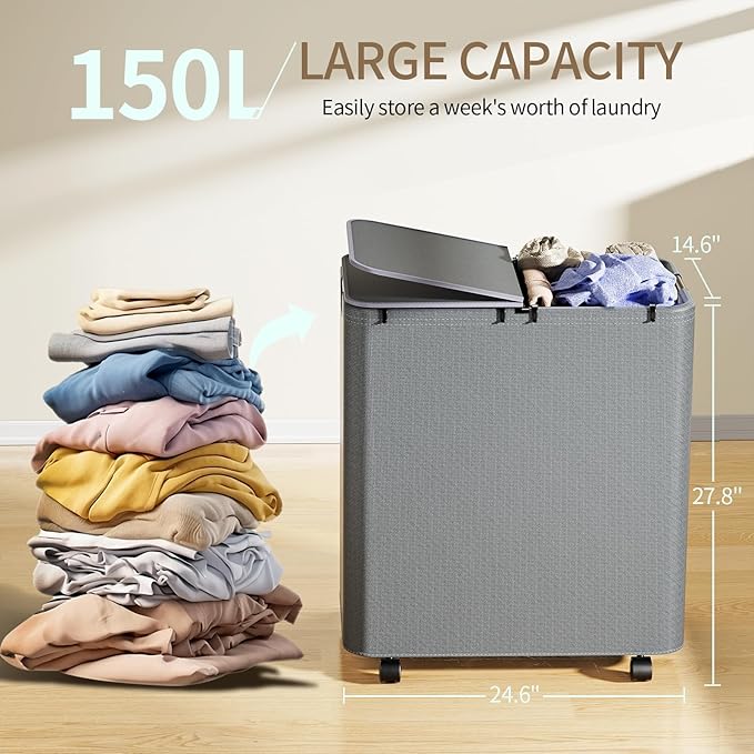 Yecaye 150L Laundry Hamper with Wheels, Rolling Laundry Basket with Lid and 2 Removable Laundry Bag, Large Capacity 2 Section Clothes Hampers for Laundry Room, Bedroom, Bathroom, Dorm, Grey