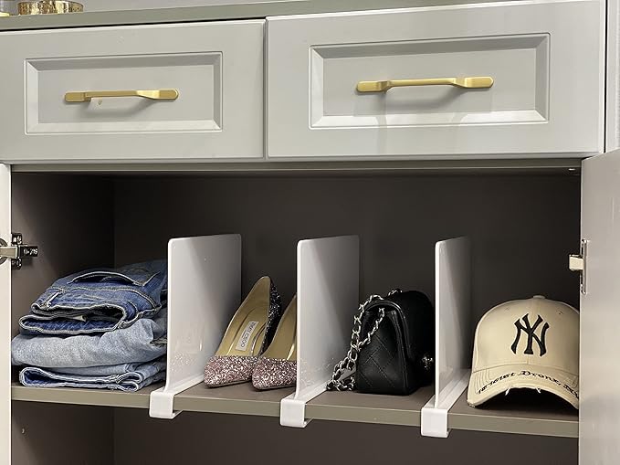 CY craft Acrylic Shelf Dividers for Closets,Wood Shelf Dividers, 4 PCS White Shelf Separators,Perfect for Clothes Organizer and Bedroom Kitchen Cabinets Shelf Storage and Organization