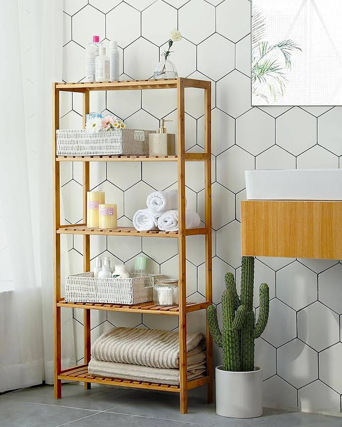 SONGMICS Bamboo Storage Shelf, 5-Tier Shelving Unit, Multifunctional, in The Entryway, Bathroom, Living Room, Balcony, Kitchen, 10.2 x 23.6 x 51.2 Inches, Light Bamboo UBCB35Y