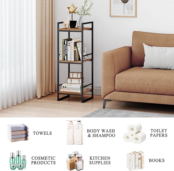 BYFU 3 Tier Bathroom Storage Open Shelf, Freestanding Metal Corner Storage Rack Shelving Unit for Bathroom Kitchen Living Room Hallway, Rustic Brown