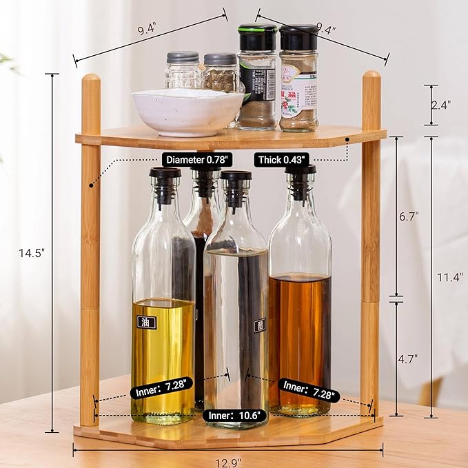 2-Tier Expandable Bamboo Corner Shelf - Dish/Plate Organizer for Cabinet, Kitchen Counter Shelf & Small Kitchen Shelf, Adjustable(1, 11.4" H)
