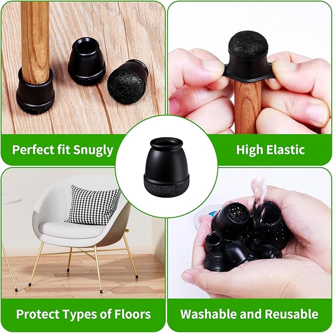24 Pcs Extra Small Chair Leg Floor Protectors, Silicone Chair Leg Protectors for Hardwood Floors, Round Felt Pads Caps Chair Leg Covers to Protect Floors from Scratches & Noise(Black, Fit 0.35"-0.55")