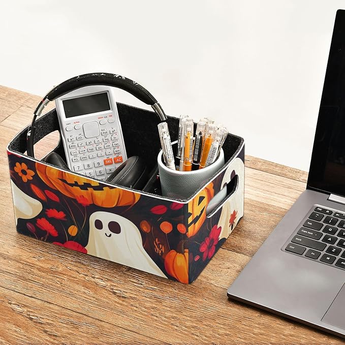 Halloween Ghost Pumpkin and Poppy Closet Storage Bins 2 Pcs Felt Open Home Storage Containers Organizer with Handles Collapsible Shelf Basket for Home Office Craft Room Classroom Fabric