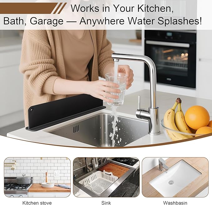 Silicone Sink Splash Guard, Sink Splash Guard with Suction Cup, Kitchen Sink Splash Guard that Can Be Placed Behind the Sink, Sink Splash Guard(17.3 x 4.1 Inch Black)