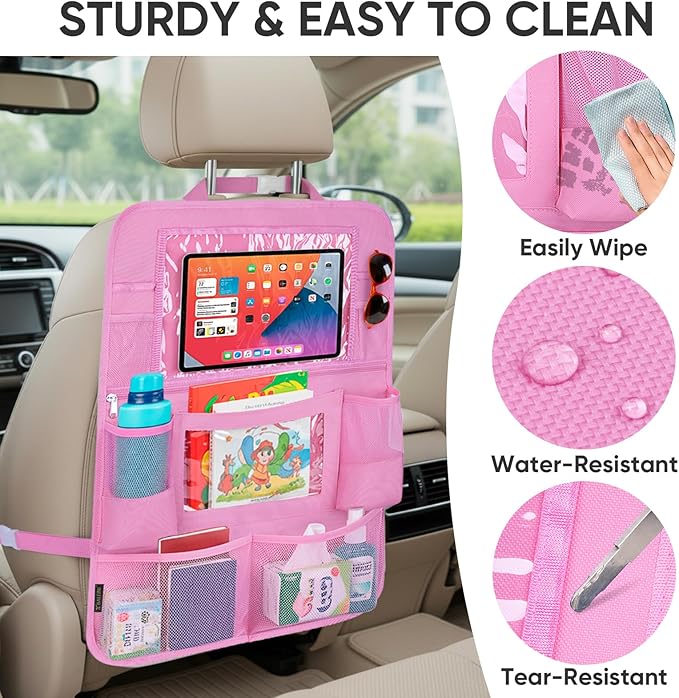 BALEINE Backseat Car Organizer, Back Seat Car Organizers and Storage, Kick Mats Back Seat Protector, Travel Accessories for Most Automotive (1 Pack, Pink)