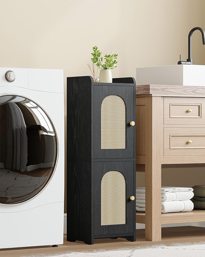 Bathroom Storage Cabinet, Small Corner Floor Cabinet with 2 Doors and Adjustable Shelf, Narrow Toilet Paper Cabinets, Bathroom Organizer for Small Spaces, 7.9" D x 9.8" W x 29.5" Rattan Black
