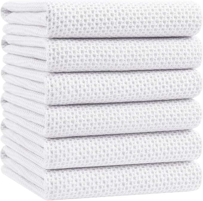 Homaxy 100% Cotton Oversized Waffle Weave Kitchen Dish Towels, Ultra Soft Absorbent Quick Drying Cleaning Towel, 20x28 Inches, 6-Pack, White