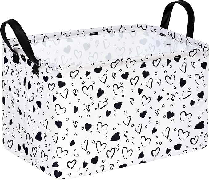 Girls Empty Gift Basket Heart Print Storage Cube for Women, Closet Shelf Organizer Bins with Handles Nursery hamper Kids Toys Books Box Room Deco