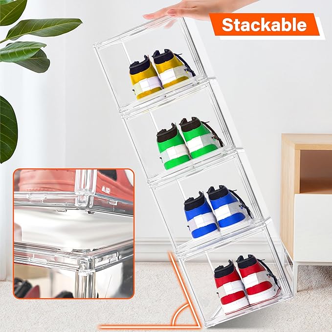 EDS FAM 12 Pack Acrylic Shoe Organizer, Drop Front Shoe Boxes Fit US Size 13, Clear Stackable Hat Organizer Case for Closet, Entryway, Underbed, Multiple Display Cases for Hats, Figures, Sneakers
