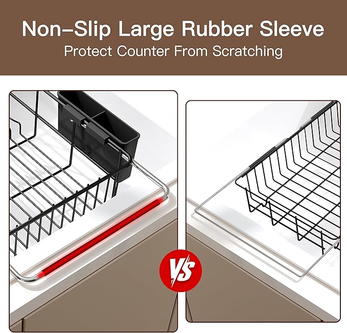 Over the Sink Expandable Dish Drainer Drying Rack In Stainless Steel for Small Kitchen, Counter Space Saving Modern Compact Metal Above Plate Dryer Strainer, Adjustable Hanging Inside Drain Holder
