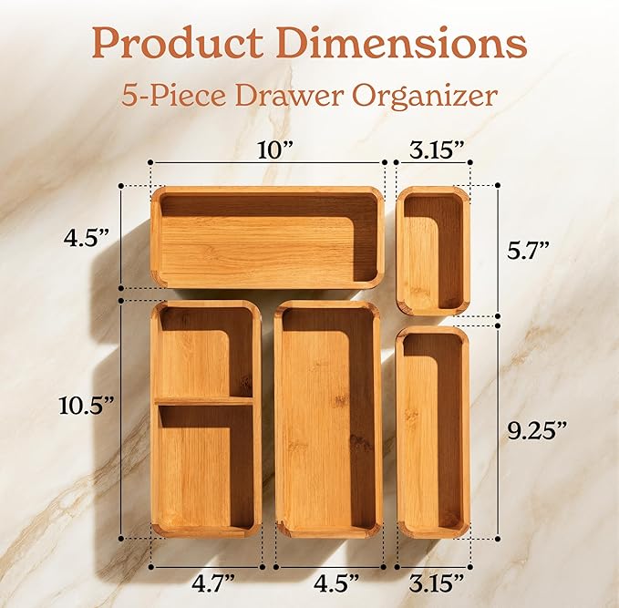 SMIRLY 5-Piece Bamboo Kitchen Drawer Organizer Set for Large and Small Utensils, Multi-use Storage Box - Bathroom, Nightstand, Jewelry, Cutlery, Knife, Spice, Towel, Junk Drawer Tray (Pack of 2)