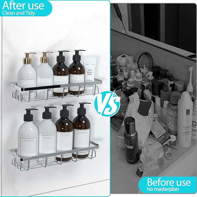 Uninol Shower Caddy Organizer with Hooks,Self Adhesive Bathroom Shelves,Shower Shelves,No Drilling Bathroom Organizers and Storage,Perfect for RV, Apartment, Home Decor,Silvery 3PK