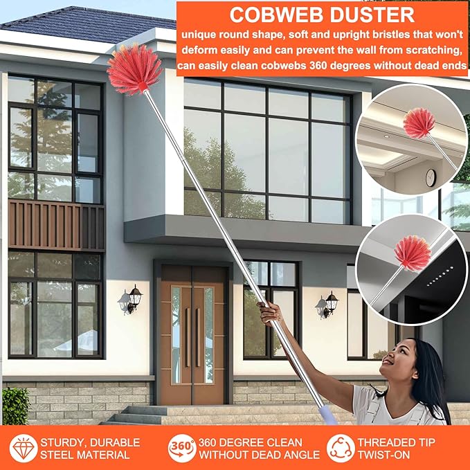 Cobweb Duster with Extension Pole, 59" Adjustable Stainless Steel Pole, Washable Duster with Medium-Stiff Bristles for Ceiling Fan, High Ceilings, Blinds, Furniture, Kitchen, and Home Cleaning
