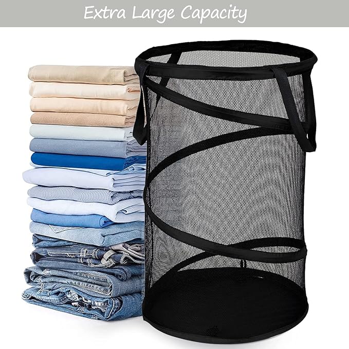 BATTOO Collapsible Laundry Basket Foldable Mesh Pop Up Hamper with Handles for Laundry Room, Bathroom, Kids Room, College Dorm, Travel, Storage Organizer Black