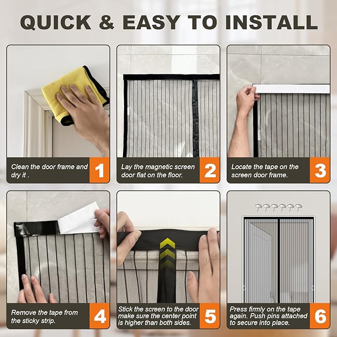 Magnetic Screen Door Mesh, Easy Install, Heavy Duty Fiberglass,Self Sealing Door Screen for Single Door Size 31 x 78 Inch, Screen Door Size 34 x 80 Inch - Black