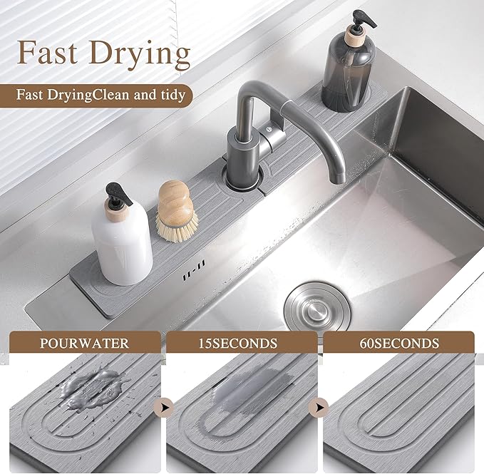 Faucet Mat for Kitchen Sink,Diatomite Fast Drying Stone Sink Tray,Faucet Splash Guard for Bathroom Counter [23.6"x4"],Super Absorbent, Prevents Moisture Buildup