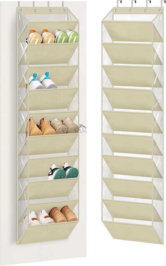 AOODA 10 Tier Clear Over The Door Shoe Organizer Storage, Deep Pockets Large Hanging Shoe Rack for Closet Door, Fit 20 Pairs Shoe Holder Hanger for Sneakers, Boots (Deep Beige)