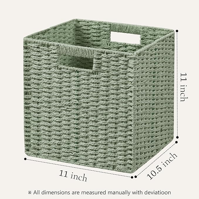 UBBCARE 3 Pack Wicker Basket, 11L×11H×10.5W inch Woven Paper Rope Storage Baskets for shelves, Foldable Cube Storage bin with Handle, Storage Basket for Organizing & Decor, Green