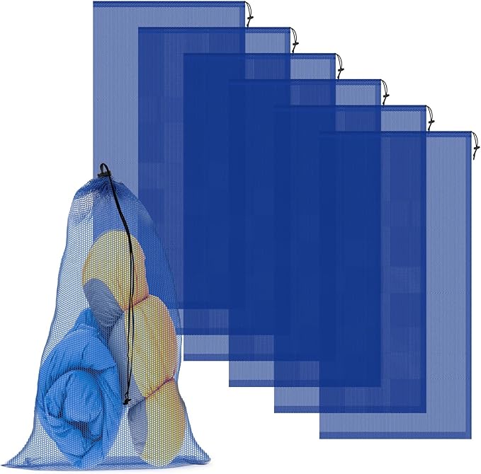 6PCS Blue Mesh Bag Drawstring, 23 x 47 Inch Net Bag with Lock, Multipurpose Storage Bags for Gym, Laundry, Balls, Beach and Toys