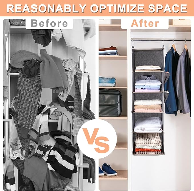 BOOMIBOO Hanging Closet Organize and Shelves，5-Hanging Shelf with 2 Side Pockets，Storage Foldable （Red）