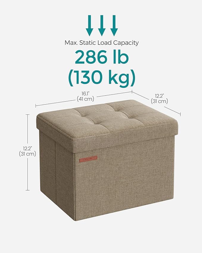 SONGMICS MAZIE Collection - Small Folding Storage Ottoman, Foot Rest Stool, 12.2 x 16.1 x 12.2 Inches, 286 lb Load Capacity, for Living Room, Bedroom, Home Office, Dorm, Light Taupe ULSF102K01