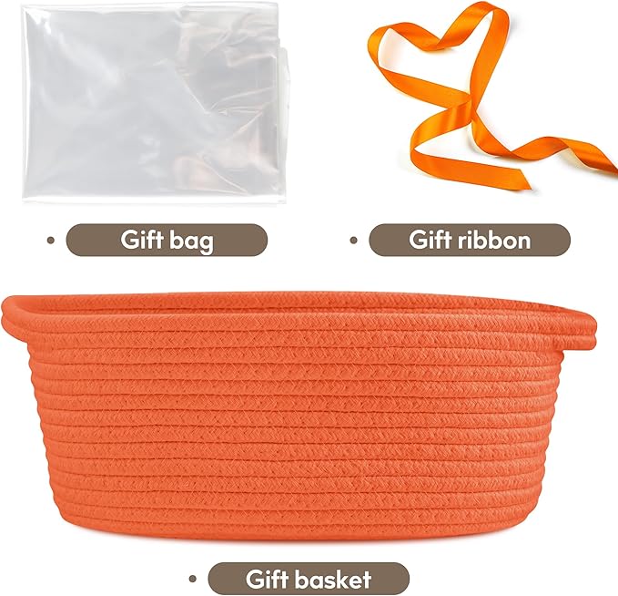 Pro Goleem Small Woven Basket with Gift Bags and Ribbons Durable Baskets for Gifts Empty Small Rope Basket for Storage 12"X 8" X 5" Baby Toy Basket with Handles, Orange