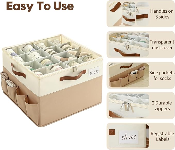 Varhomax Shoe Organizer Box for Closet, Fabric Shoe Storage Bin with Adjustable Dividers & Clear Cover, Holds up 16-32 Pairs of Sneakers & Sandals for Entryway, Cubby