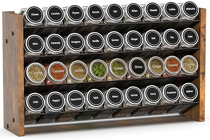 NESAPTO Spice Rack Organizer for Cabinet, Wooden 4 Tier Vertical Seasoning Organizers for Kitchen Pantry, Countertop/Wall Mount, Holds 36 Spice Jars (No Jars Included), 17.2" W × 9.4" H
