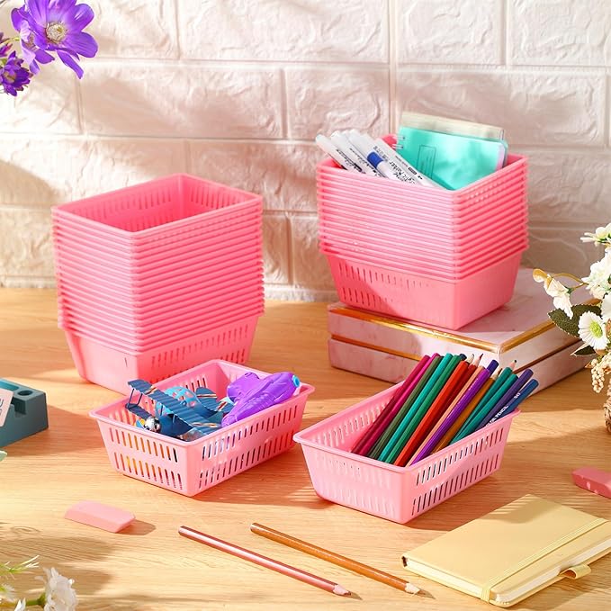 Sherr 36 Pack Classroom Storage Basket Small Plastic Basket for Organizing Crayon Pencil Container Storage Bin Tray Holder for Paper Shelf Back to School Office Supply 6.1" l x 4.3" w x 2.4" h(Pink)