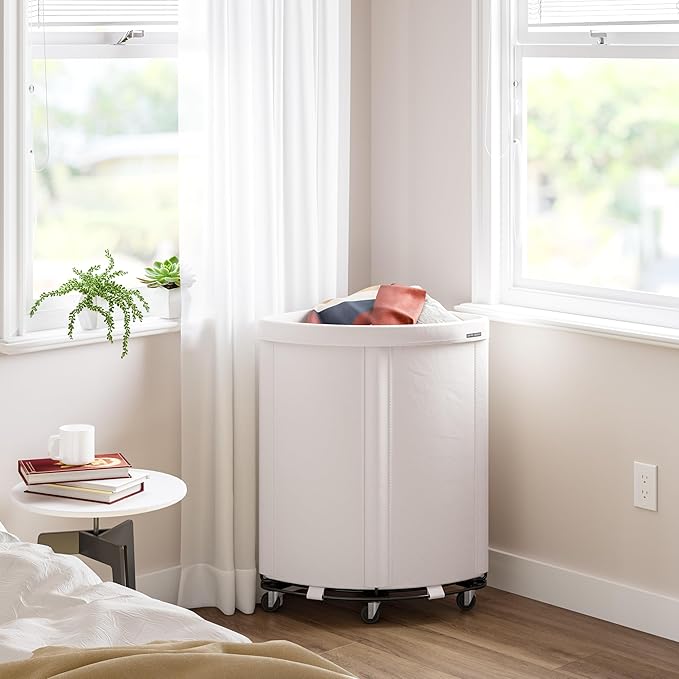 Seville Classics Large Commercial Heavy Duty Rolling Steel Frame Laundry Hamper Canvas Cart Bin, w/Wheels for Hotel, Home, Closet, Bedroom, Natural White, Corner 17.7” D x 24.0” W