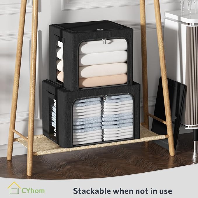 CYhom Clothes Storage Bins Box - Linen Fabric Foldable Stackable Container Organizer Set with Clear Window & Carry Handles & Metal Frame (Black, Medium-36L)