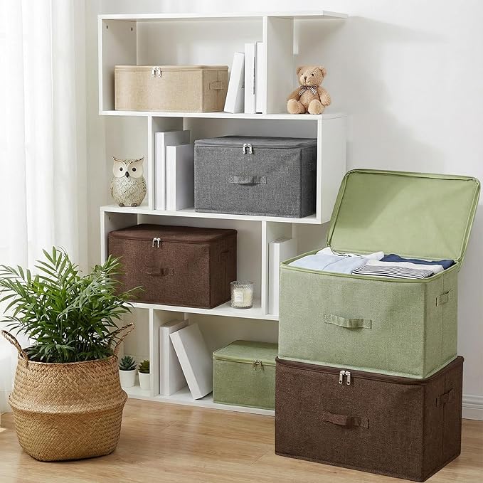 ANMINY Storage Bins with Zipper Lids 51.9 Qt Lidded Fabric Storage Boxes Baskets Cubes with Handles Collapsible Washable Cotton Linen Closet Shelf Clothes Organizer - Gray, Extra Large